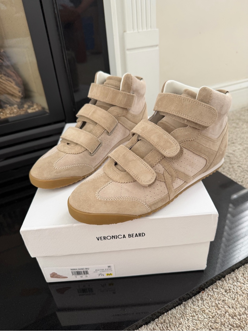 Veronica Beard Beige/Tan Suede High-Top Sneakers with Triple Straps